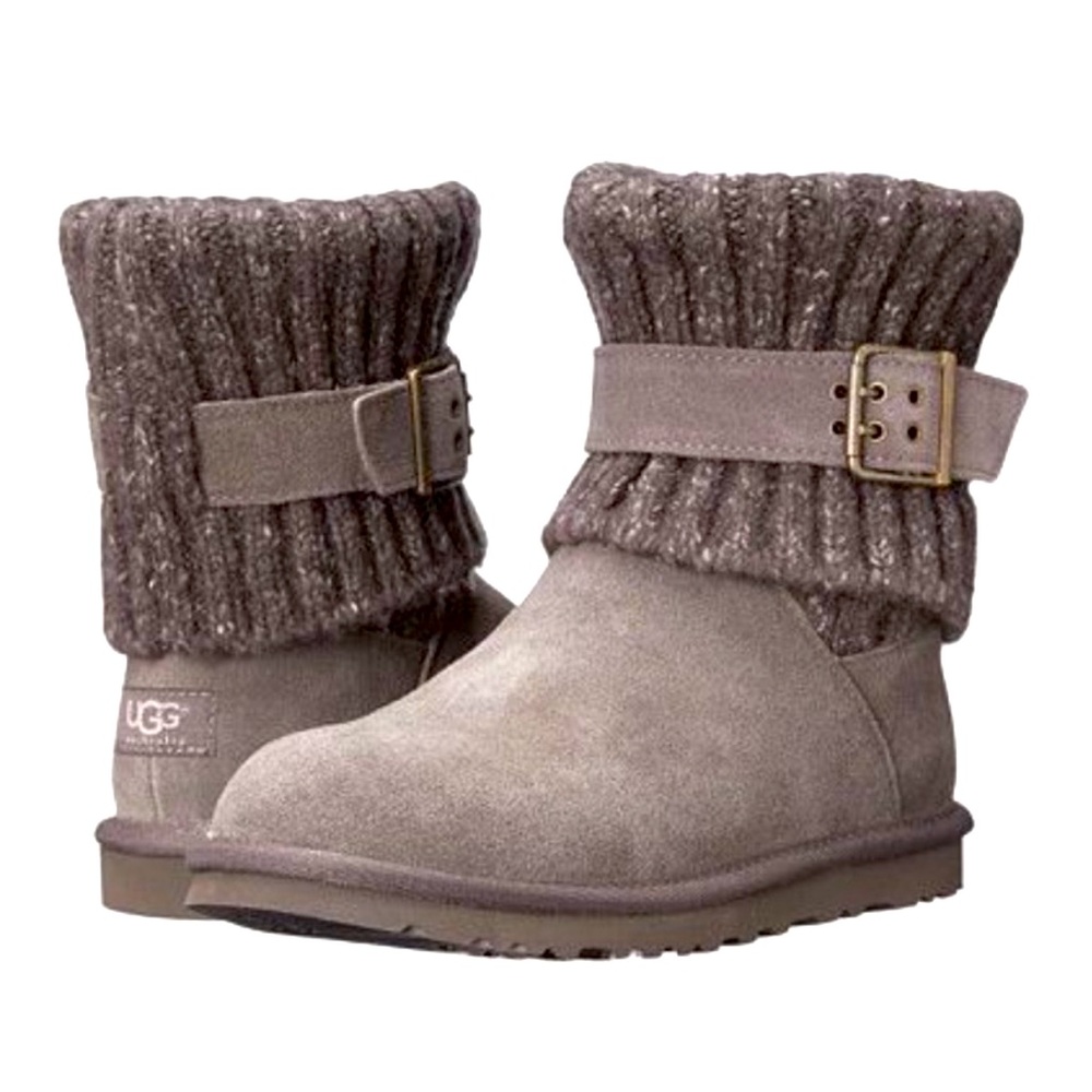 Ugg cambridge knit suded boots womens 8 gray sweater buckle shoes